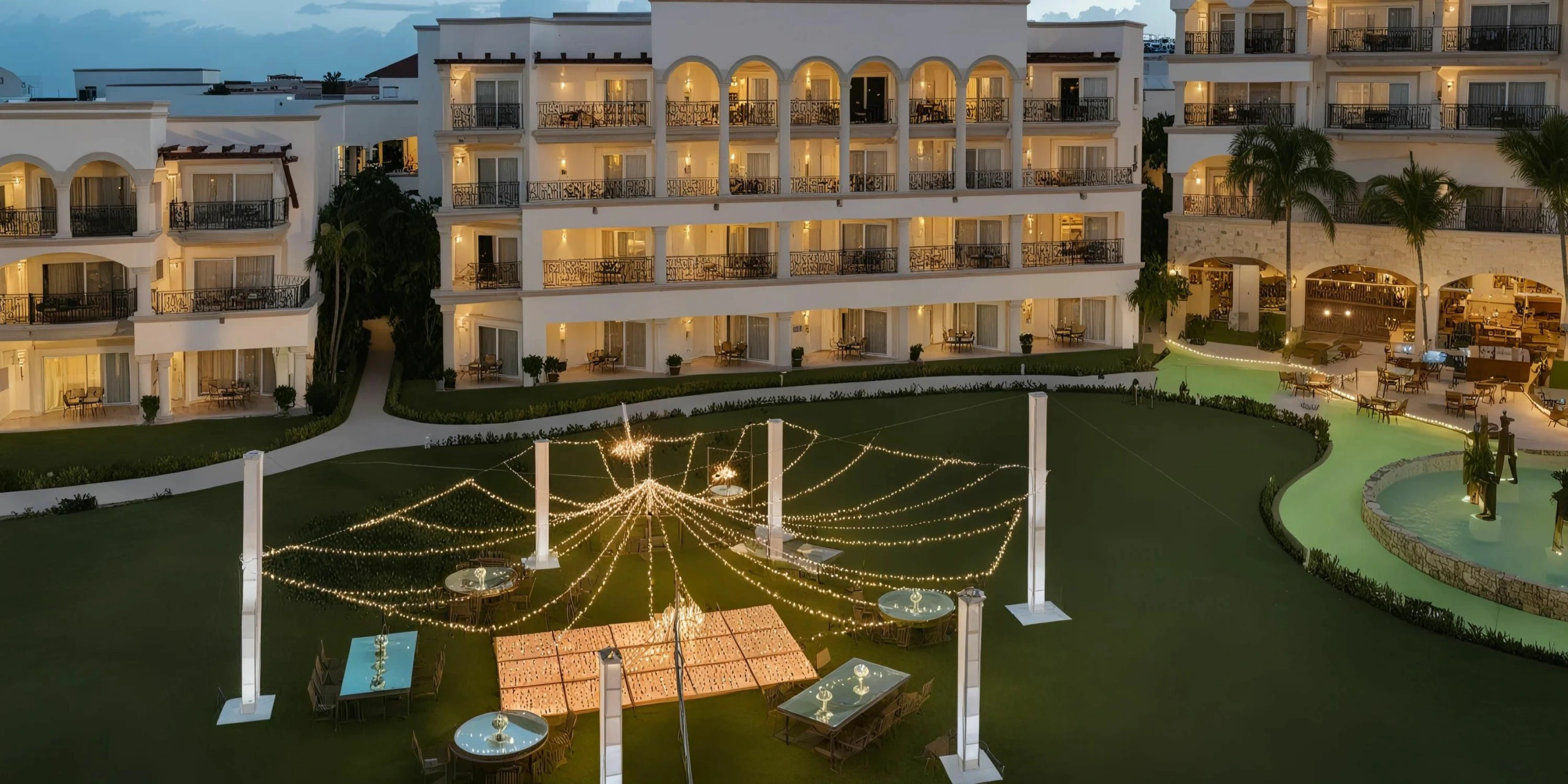 Central Garden outdoor wedding reception setup at Hyatt Vivid Playa del Carmen